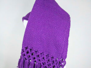 Front view of a Traditional Handwoven Mexican Purple Shawl Scarf Wrap made of cotton on a mannequin