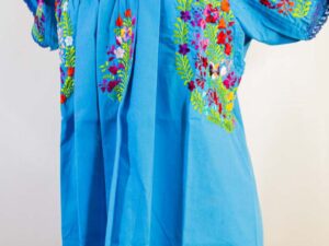Handmade Traditional Mexican Blue Blouse with Hand-embroidered flowers detail-001